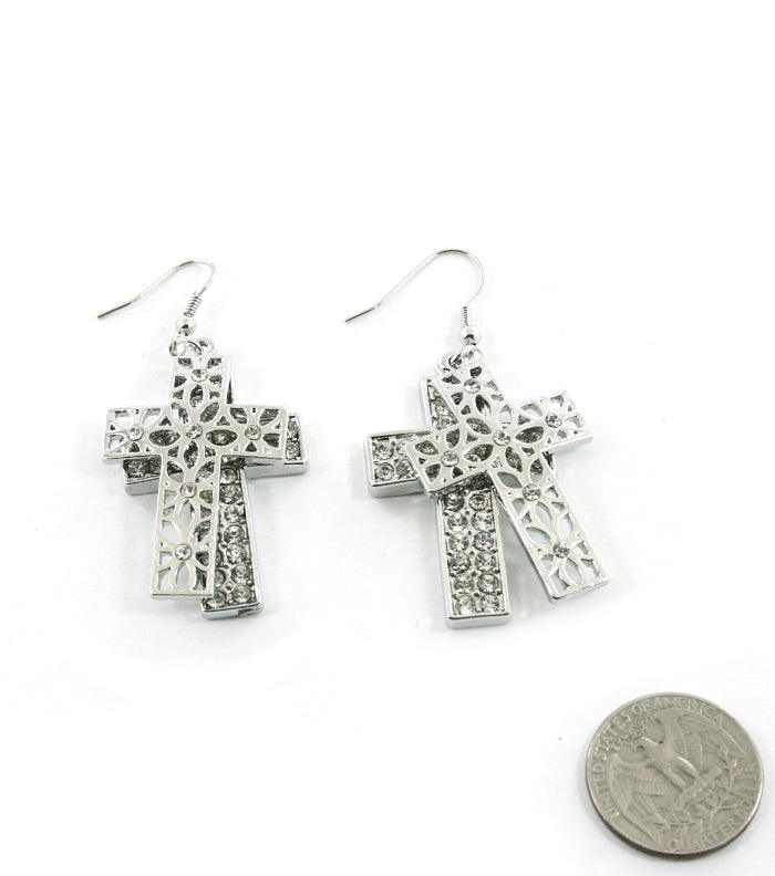 “Kourtney” Crystal Fish Hook Cross Earring - Gold