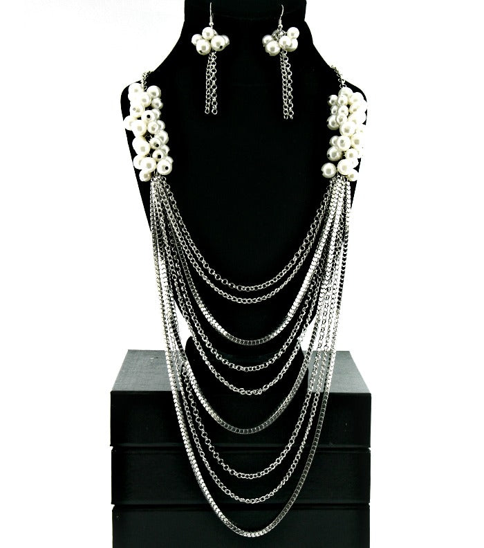 “Khloe” Long Multi Layered Pearl Necklace and Earring Set