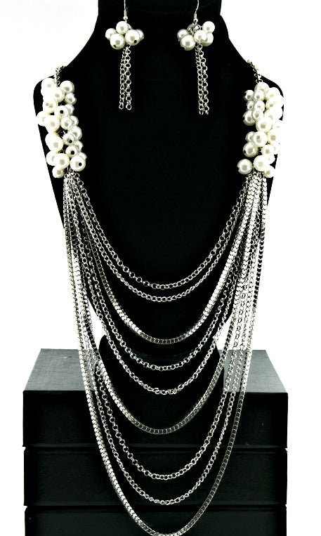 “Khloe” Long Multi Layered Pearl Necklace and Earring Set