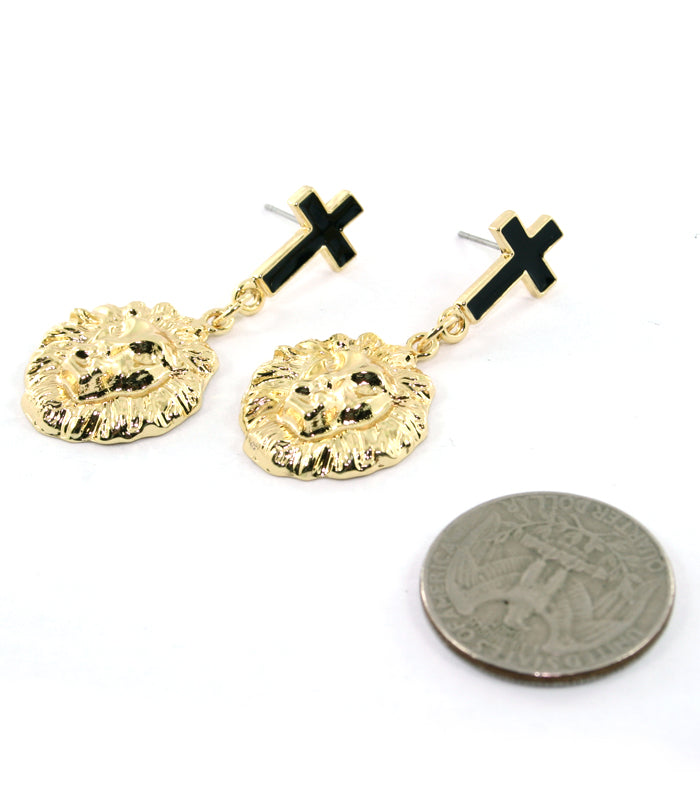 'RiRI' Lion Head Cross Earring - Black