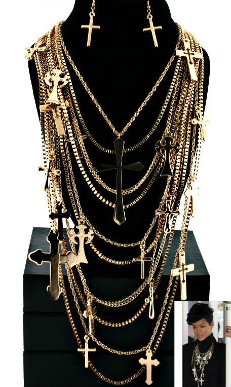 'RIRI' DESIGNER INSPIRED CROSS NECKLACE SET - GOLD