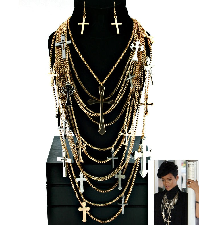 'RIRI' DESIGNER INSPIRED CROSS NECKLACE SET - GOLD