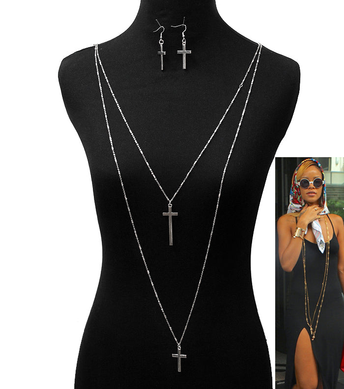 DOUBLE LAYERED CROSS NECKLACE AND EARRING SET