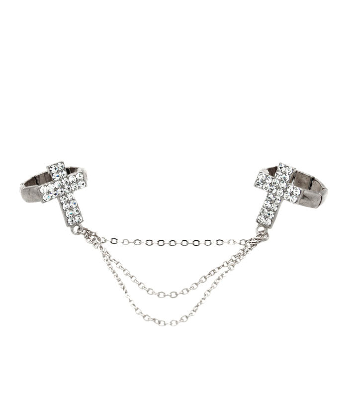 Two Fingers Crystal Stretch Cross Ring