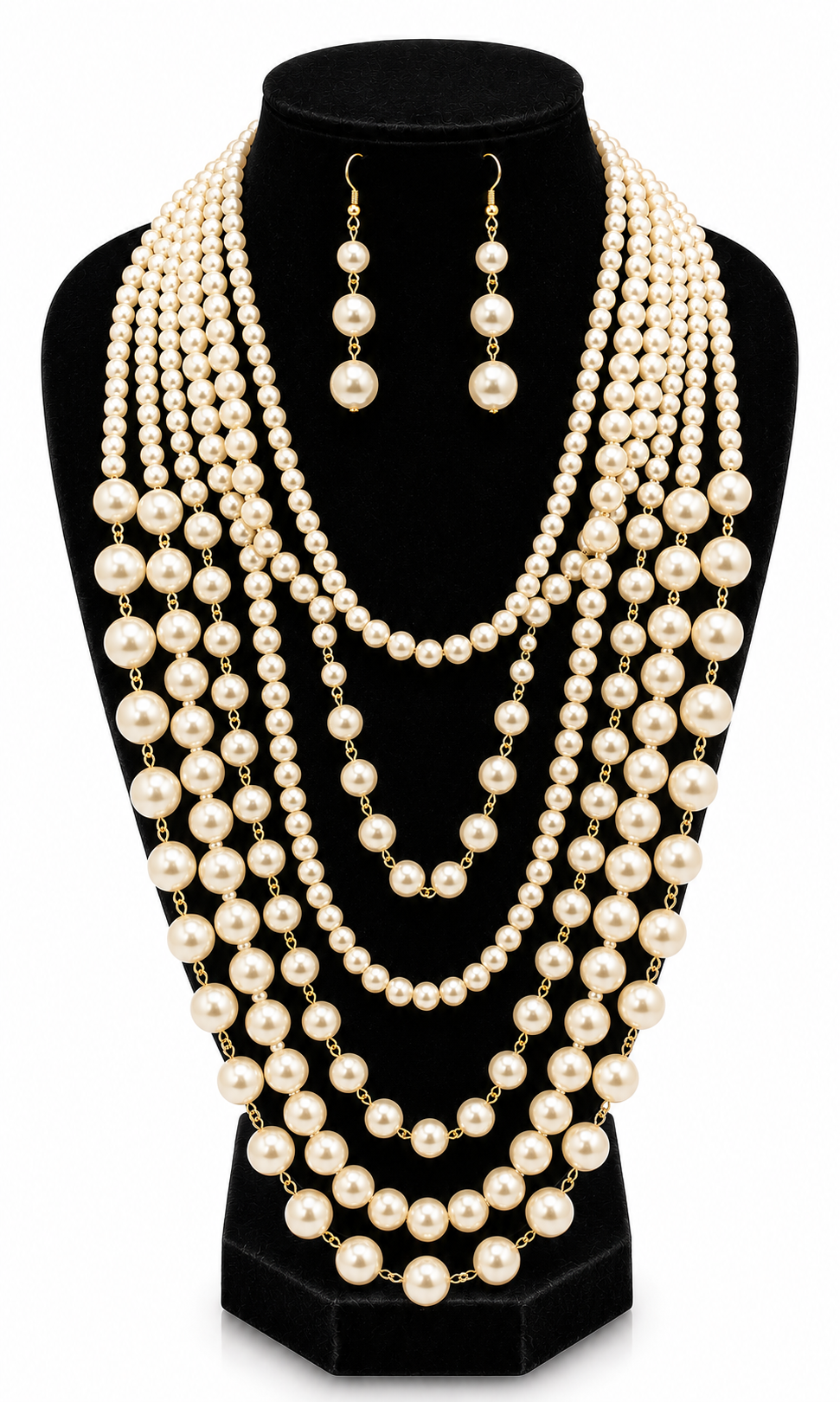 'VOGUE' LONG LAYERED PEAL NECKLACE AND EARRING SET
