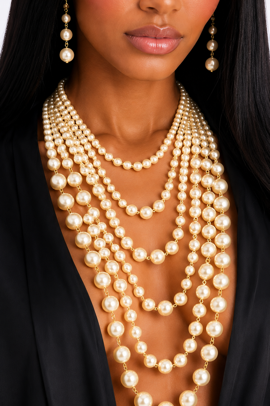 'VOGUE' LONG LAYERED PEAL NECKLACE AND EARRING SET