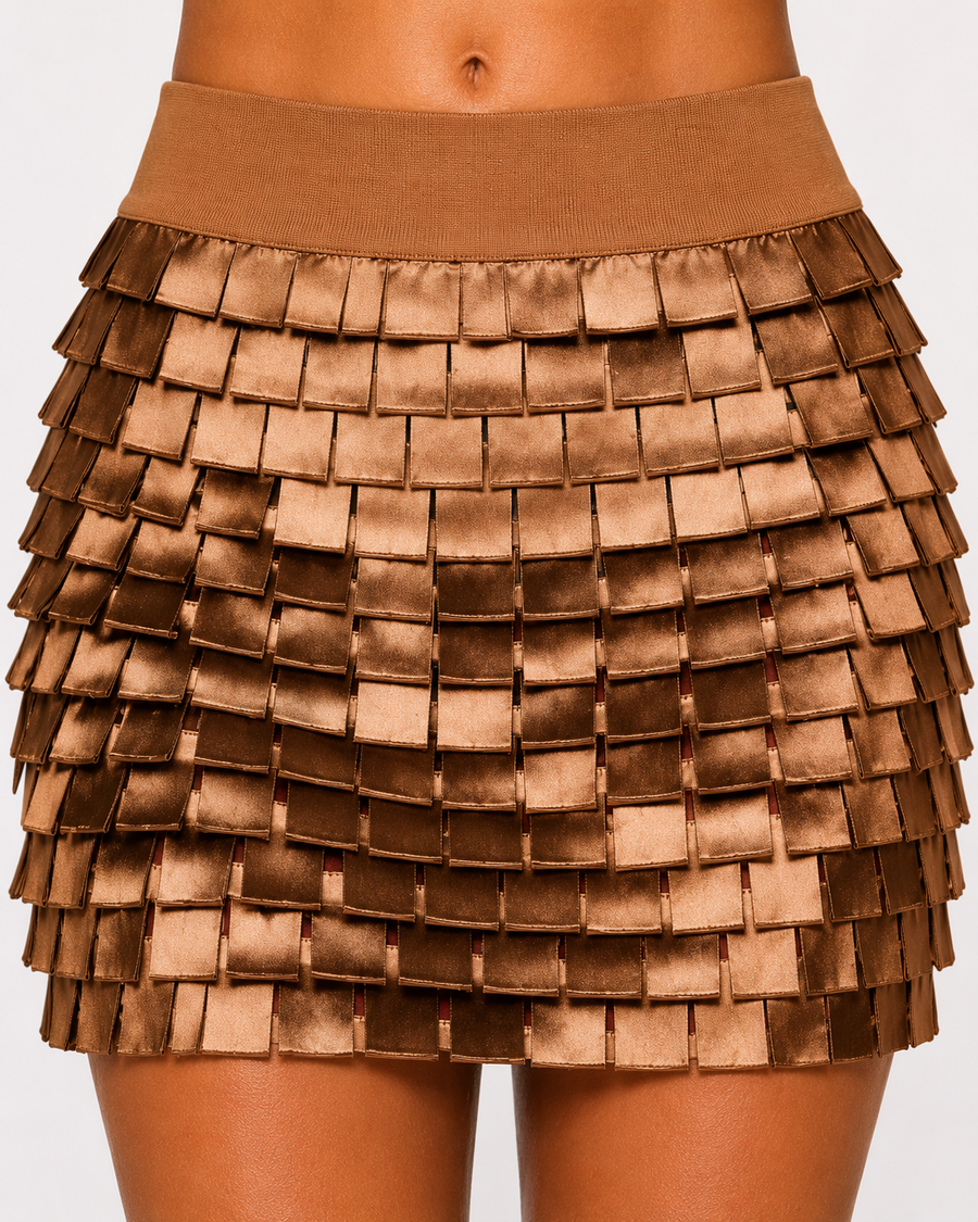 “Kylie Minogue”  Tiered Square Cut Mini Skirt CARAMEL