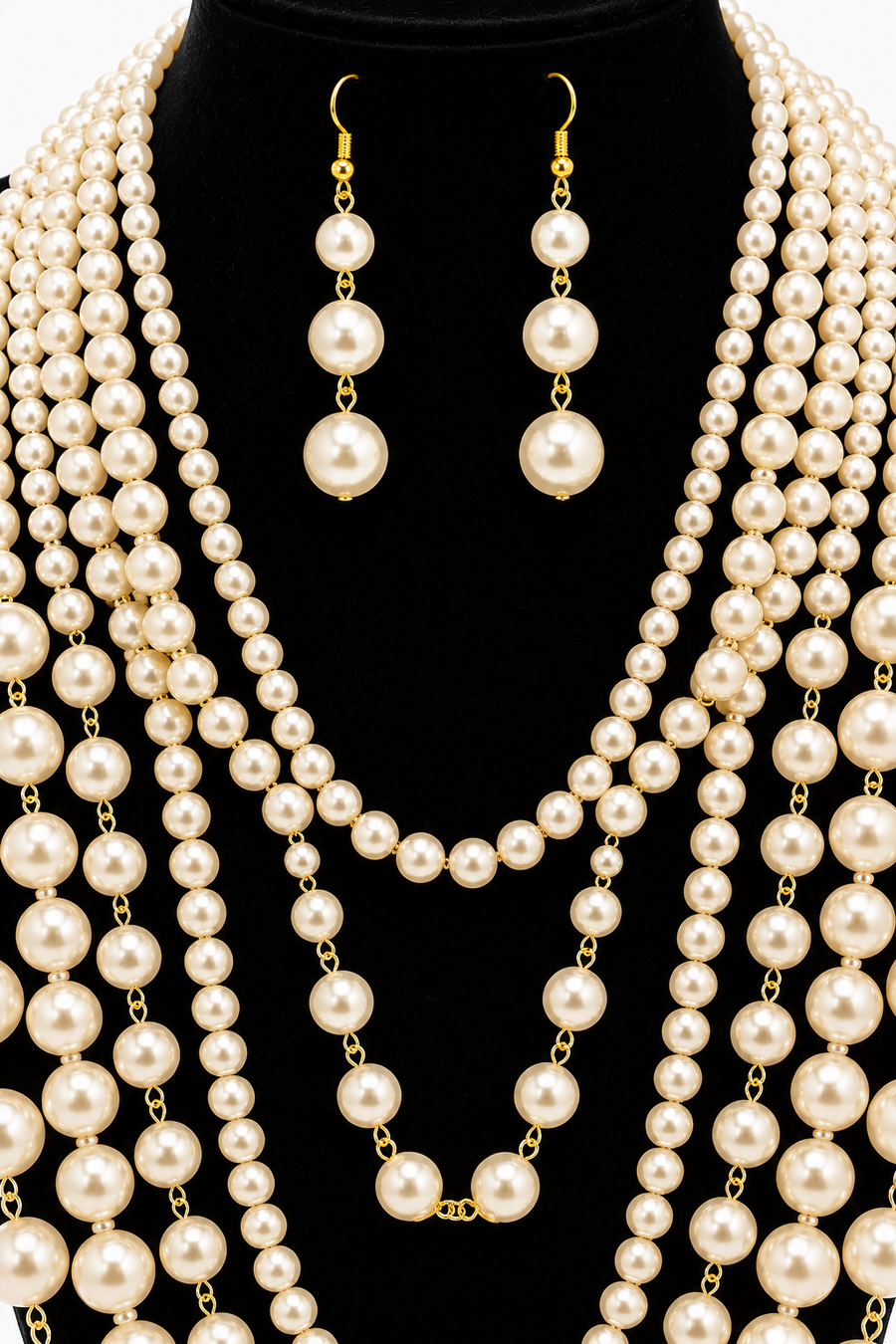 'VOGUE' LONG LAYERED PEAL NECKLACE AND EARRING SET