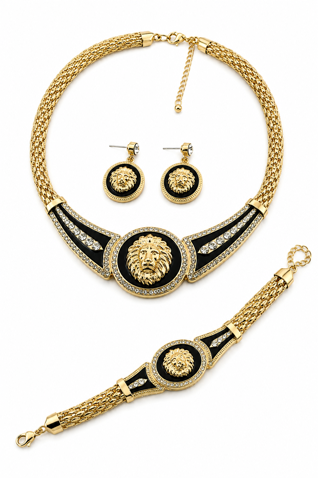 DESIGNER INSPIRIERTES 3-TLG. LÖWENKOPF-HALSKETTEN- UND OHRRING-SET