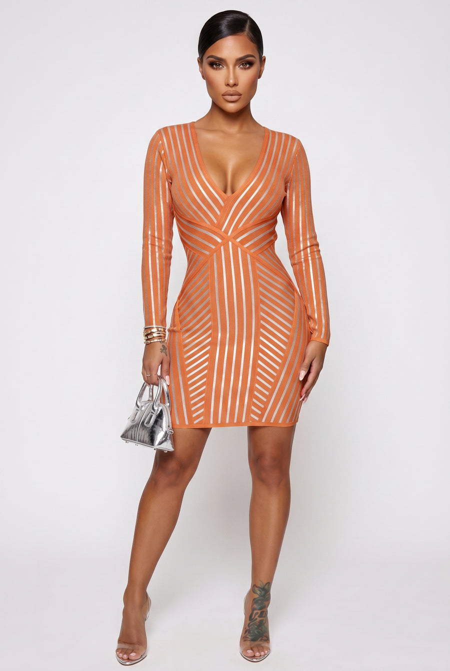 'MIMI' Orange & Silver Long Sleeve Bandage Dress