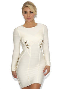 Long Sleeve Embellished Bandage Dress White