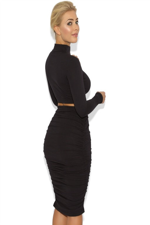 ‘Kim’ Two Piece Long Sleeve Knee Length Set - Black