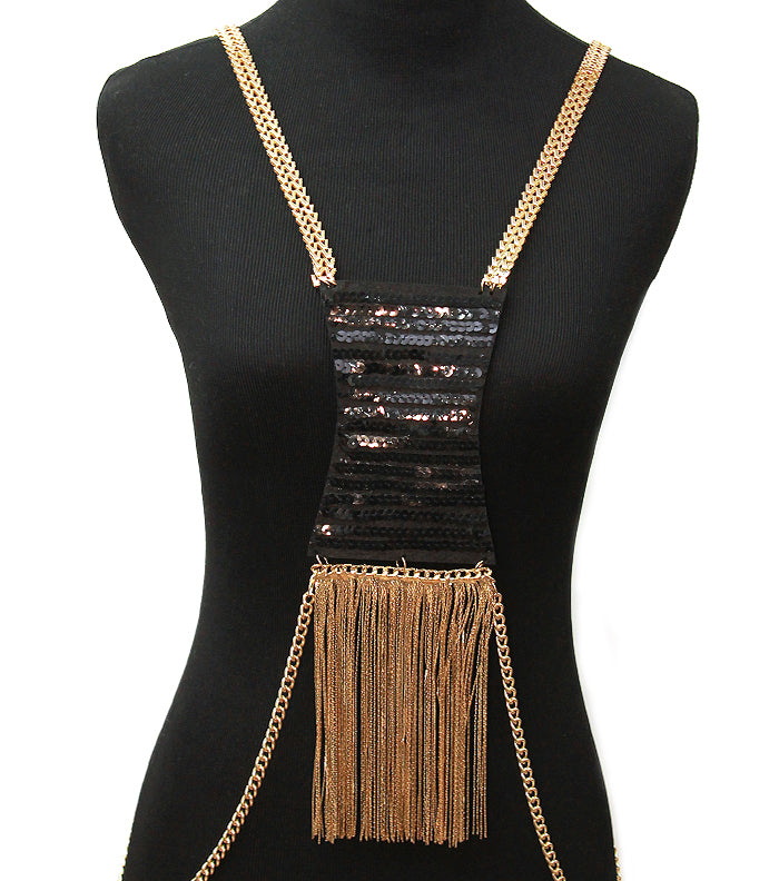 Elegant gold body chain with tassels for party, beach, and festival fashion looks