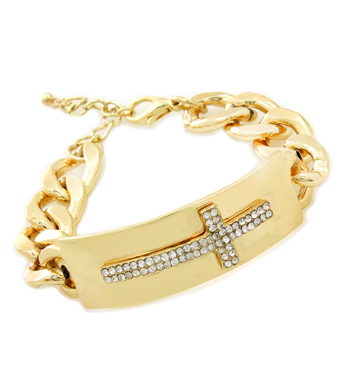 Gold crystal cross ID bracelet by House of Zalex featuring elegant statement jewelry design with cross detail