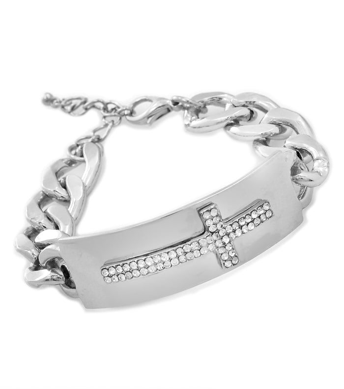 Stylish gold ID bracelet with crystal cross from House of Zalex showcasing modern fashion accessory for women