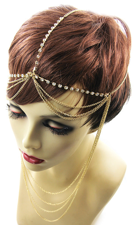 Gold crystal drape headchains by House of Zalex featuring luxury statement hair jewelry design