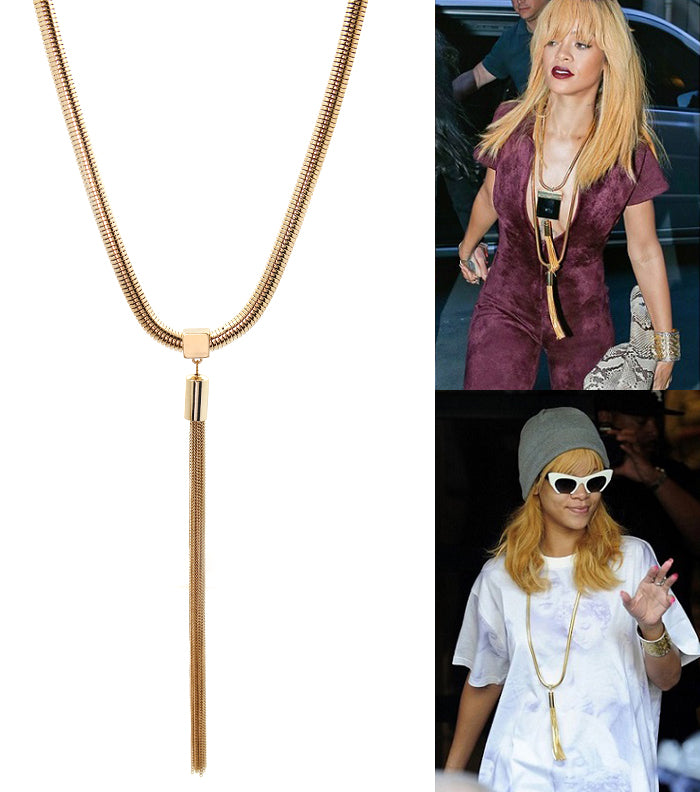 Gold tassel pendant necklace styled with casual and evening outfits, showcasing versatile women’s fashion jewelry