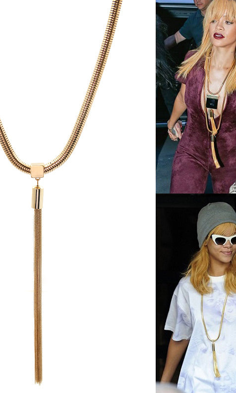 Rihanna long tassel chain necklace by House of Zalex featuring bold statement jewelry design