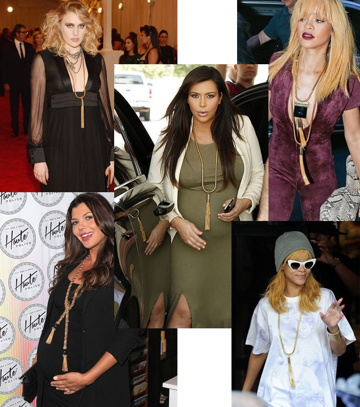 A collage showing various styles of House of Zalex long gold tassel necklaces worn with evening dresses, casual blazers, and street style outfits.