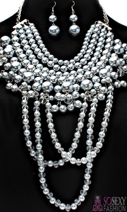 Vogue crystal pearl necklace and earring set by House of Zalex featuring elegant luxury jewelry design
