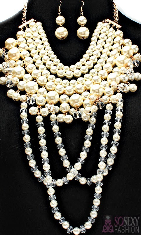 Stylish crystal and pearl jewelry set from House of Zalex showcasing matching necklace and earrings for women