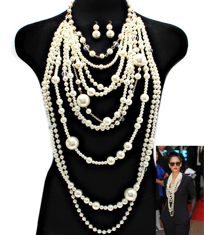 “Rihanna”  Pearl Necklace and Earring Set
