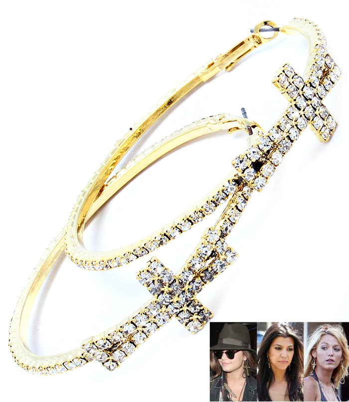 Crystal Stud Cross Hoop Earrings