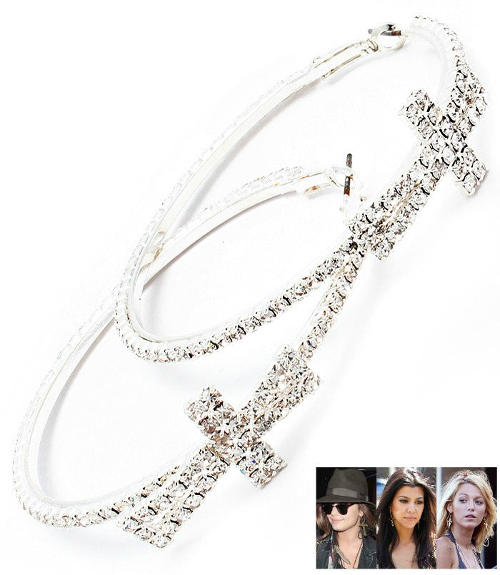 Crystal Stud Cross Hoop Earrings