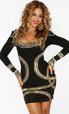 'BEYONCE'  LONG SLEEVE GOLD BEADED BANDAGE DRESS
