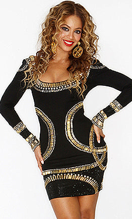 'BEYONCE'  LONG SLEEVE GOLD BEADED BANDAGE DRESS