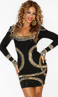 'BEYONCE'  LONG SLEEVE GOLD BEADED BANDAGE DRESS