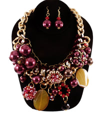 'Zara' Beaded Pearl Necklace and Earring Set - Red