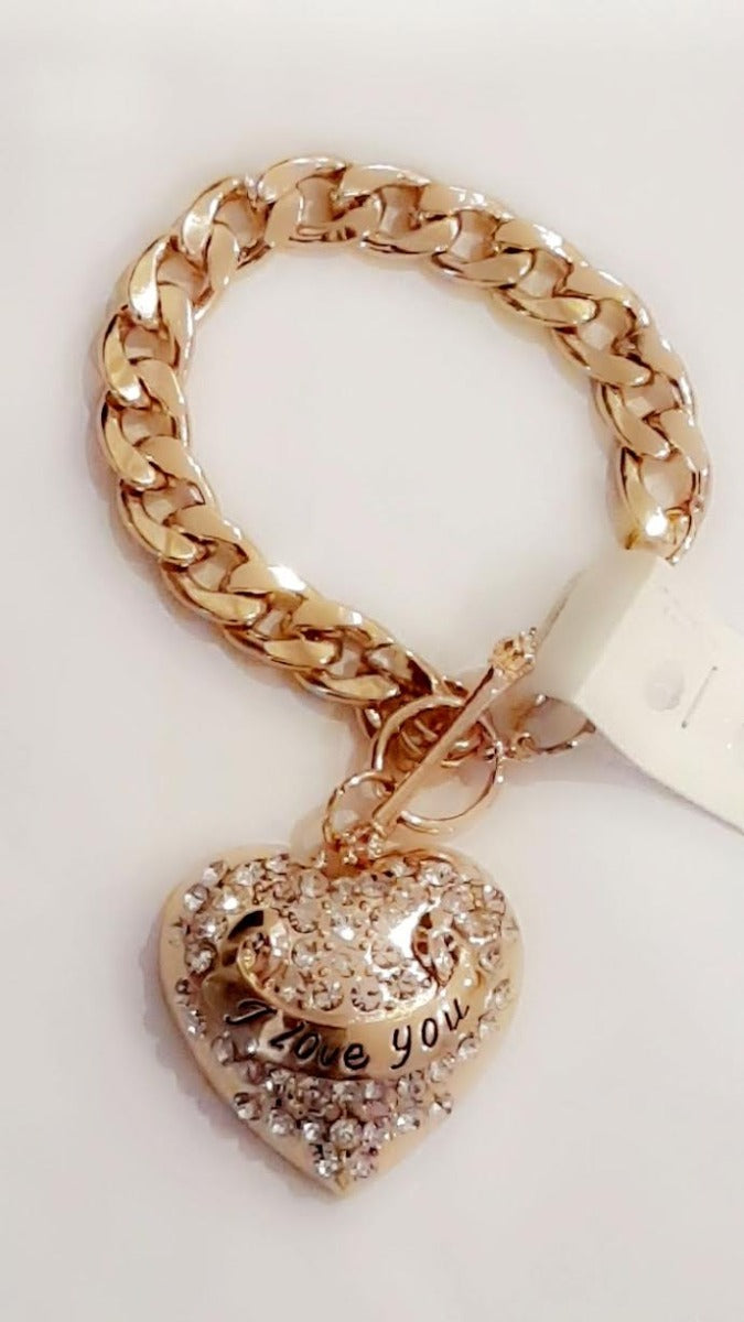 Puffed crystal heart toggle bracelet
