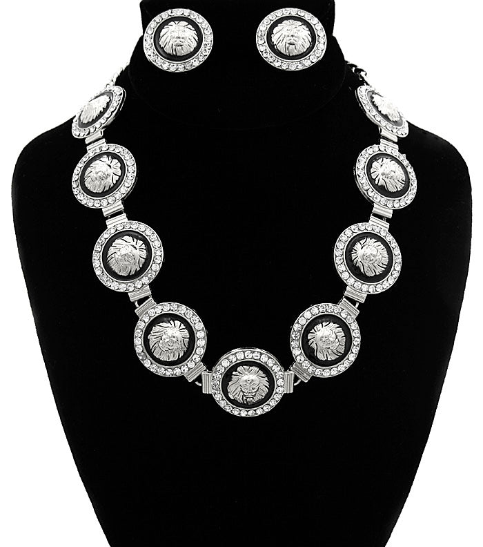 Rihanna Inspired LionHead CRYSTAL NECKLACE AND EARRING SET
