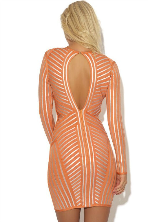 'MIMI' Orange & Silver Long Sleeve Bandage Dress