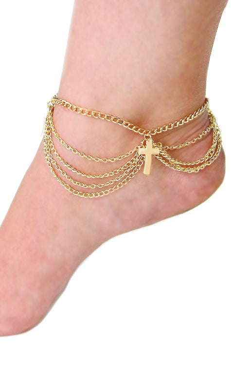 'RIRI' LAYERED GOLD CROSS CHAIN ANKLET