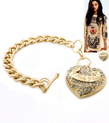 Puffed crystal heart toggle bracelet