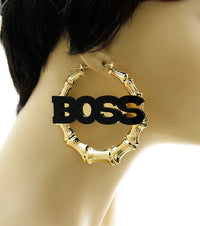 Pin-Catch Bold Metal Bamboo Word BOSS Earrings