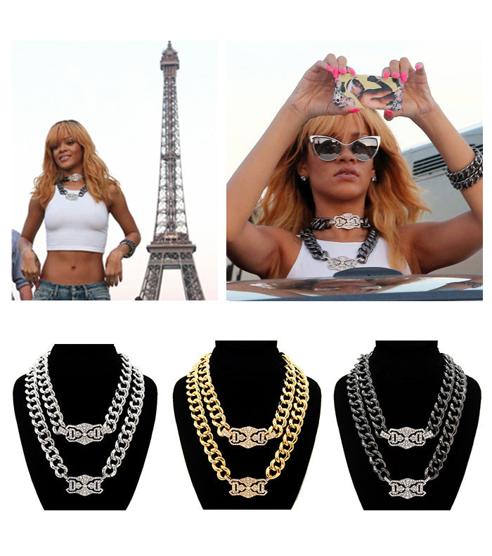 DOUBLE PENDANT ID CHAIN NECKLACE - SILVER