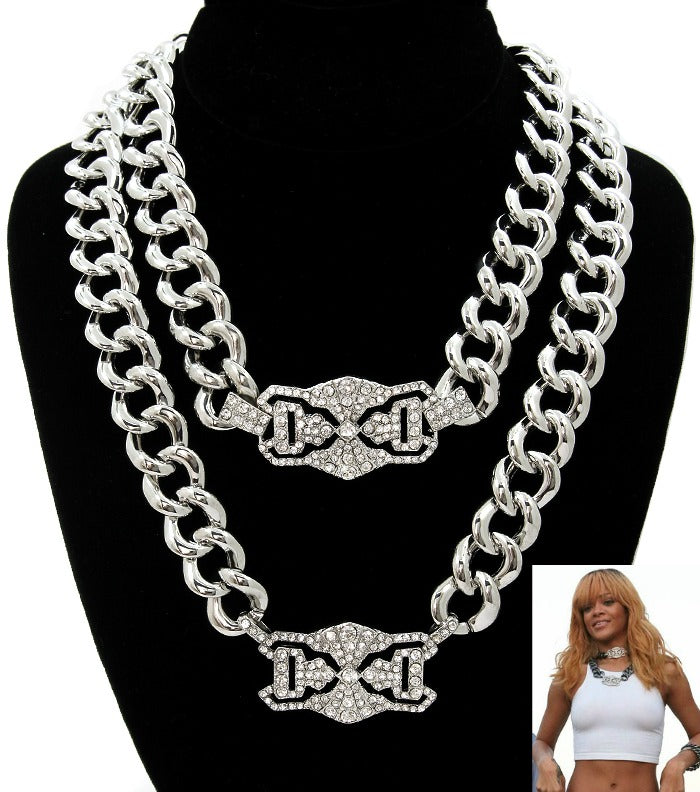 DOUBLE PENDANT ID CHAIN NECKLACE - SILVER