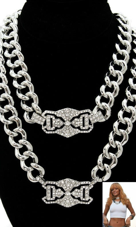 DOUBLE PENDANT ID CHAIN NECKLACE - SILVER