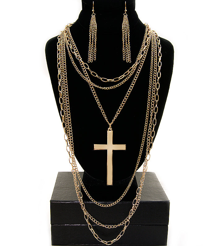 'KHLOE' CROSS NECKLACE SET - GOLD