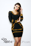 'BEYONCE'  LONG SLEEVE GOLD BEADED BANDAGE DRESS