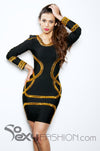 'BEYONCE'  LONG SLEEVE GOLD BEADED BANDAGE DRESS