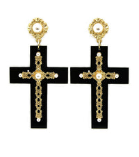 “VOGUE” PEARL CROSS EARRINGS - BLACK