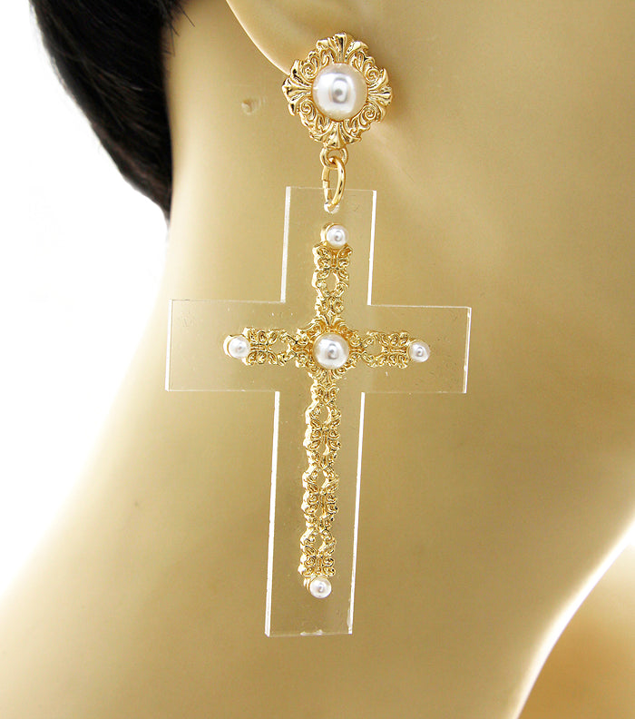 “VOGUE” PEARL CROSS EARRINGS - BLACK